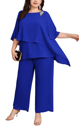 Hanna Nikole Zweiteiler Damen Große Größen Hosenanzug Fledermausärmel Cape-Ärmel Strass Lose Rundhals Chiffon Shirt Hohe Taille Elegant Hohe Taille Lange Hose Königsblau 46 von Hanna Nikole