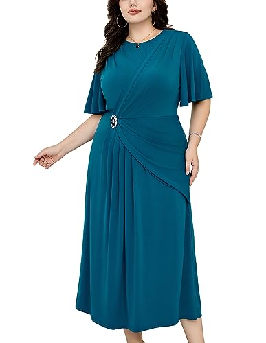 Kleid Festlich Damen Große Größen Elegante Rüschenärmel Cocktail Kleider Damen Taille Strasssteine Falten Lang A-Linie Hochzeitsgast Dress Navy Blau 44 (US 16W) von Hanna Nikole