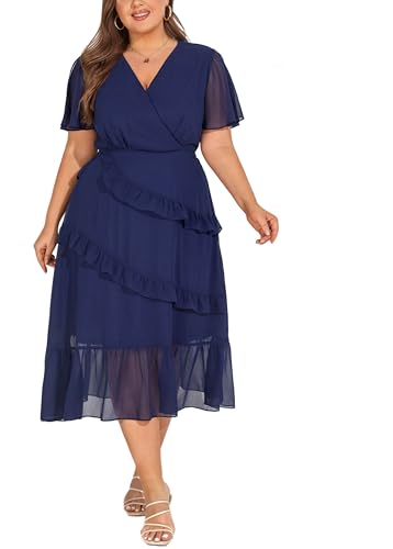 Womens Plus Size A Linien V AusschnittFreizeitkleid Rüschenärmeln Midikleid von Hanna Nikole