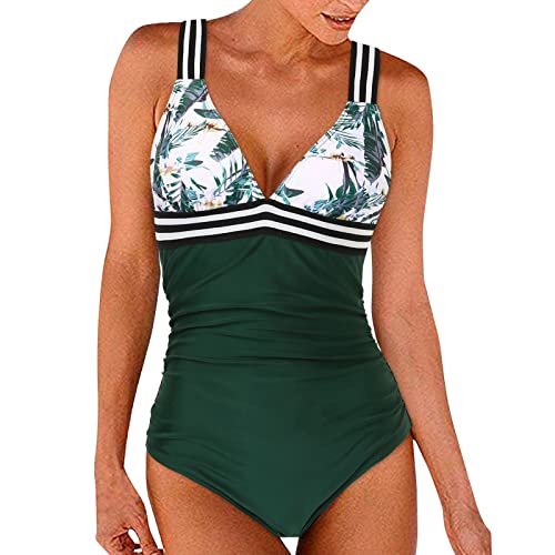 Hanraz Taillierte Monokini Badebekleidung Bauchweg Strandmode High Neck Badeanzug Damen bauchweg Bauchkontrolle Rüschen Damen Retro von Hanraz