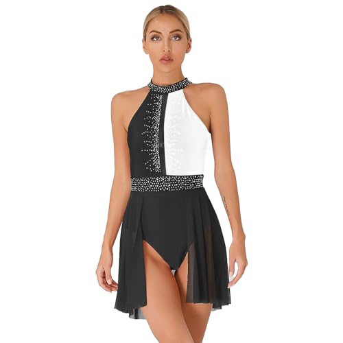 Hansber Damen Eiskunstlauf Kleider Neckholder Glitzer Tanzkleider Ärmellos Ballett Trikot Tanzbody mit Tutu Rock Schlitz Dancewear Schwarz-Weiss B S von Hansber