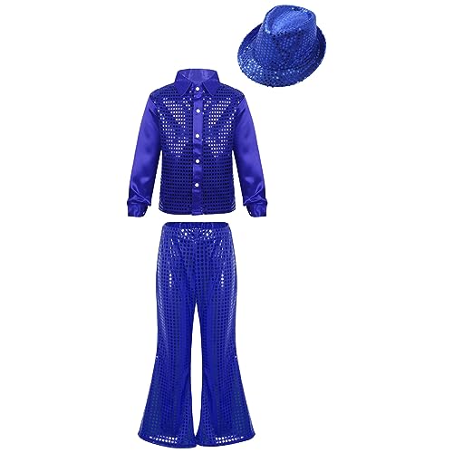 Hansber Jungen Tanzbekleidung Set Pailletten Langarmhemd mit Schlaghose und Hut Tanz Outfit Hip Hop Jazz Dancewear Blau 158-164 von Hansber