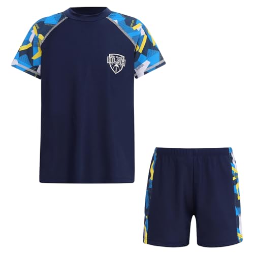 Hansber Kinder Jungen Uv-Schutz Bade-Set Zweiteilig Schwimmshirt Badeshorts Schnelltrocknende Badeanzug Badebekleidung Marineblau und Gelb 146-152 von Hansber