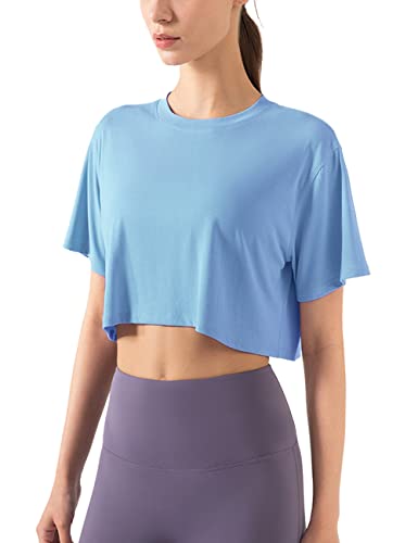 Damen Fitness Trainieren Crop-Tops Kurzarm Yoga T-Shirts Sportlich Betrieb Sport-Shirts Hellblau L von Hanyomo