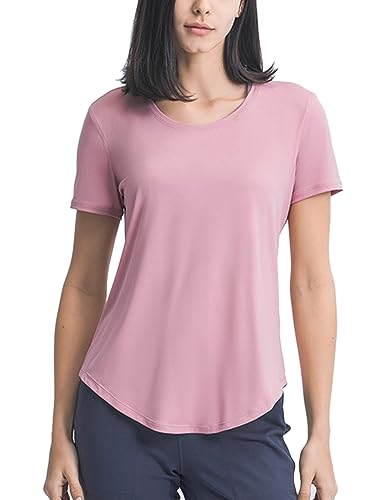 Frauen Yoga Trainieren Kurzarm T-Shirt Sportlich Betrieb T-Stück Spitze Fitness Leicht Rundhalsausschnitt Hemden Rosa S von Hanyomo