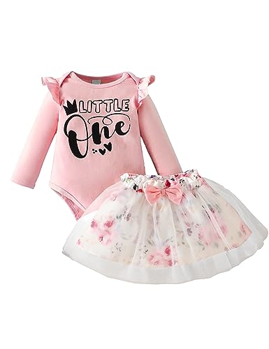 Haokaini Baby Mädchen Rock Set Neugeborene Lange Rüschen Ärmel Brief Gedruckt Strampler Top Floral Tutu Bowknot Prinzessin Kleid 3Pcs Set von Haokaini