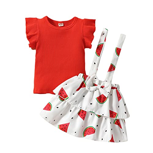 Haokaini Kleinkind Baby Mädchen Kleidung Set Ruffle ärmelloses Geripptes Shirt Top Obst Strapsrock Kuchen Kleid Sommer Shorts für 1-5Y von Haokaini