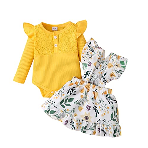 Haokaini Neugeborenes Baby Mädchen Floral Hosenträger Rock Outfits Ruffle Langarm Spitze Strampler Top mit Stirnband Overall Kleid Kleidung Set von Haokaini