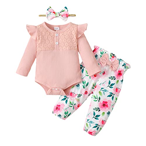 Haokaini Neugeborenes Baby Mädchen Kleidung Rüschen Langarm Spitze Strampler Top Bodysuit Blumenhose mit Stirnband 3Pcs Outfits für 0-18M von Haokaini