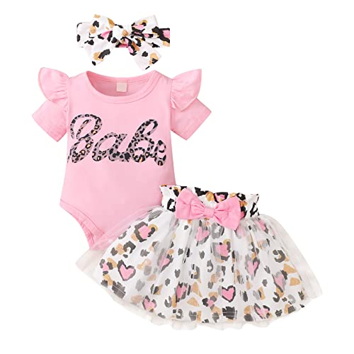 Haokaini Neugeborenes Baby Mädchen Sommerkleidung Set Rüschen Kurzarm Brief Bedruckt Bodysuit Top Leopard Bowknot Tutu Tüll Prinzessin Kleid mit Stirnband 3Pcs Outfits (0-3 Months, Rosa) von Haokaini