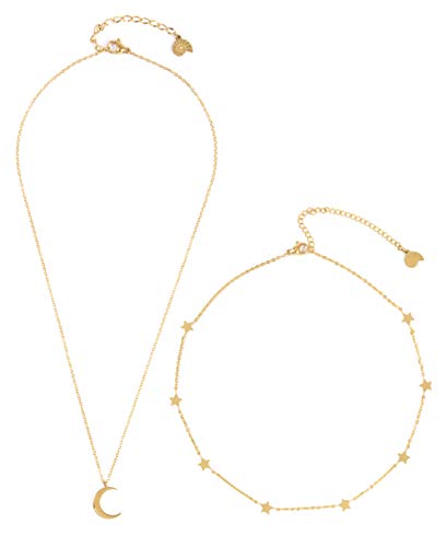 Happiness Boutique Damen Mond und Stern Schmuckset in Goldfarbe 2-TLG. | Zarte Halbmond Kette und Stern Choker Kette aus Edelstahl von Happiness Boutique