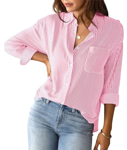 Happy Cherry Bluse Damen Langarm Gestreifte Hemd Casual Büro Arbeit Hemdbluse Lässiges Damenblusen Elegante V-Ausschnitt Oberteile mit Knöpfen S von Happy Cherry