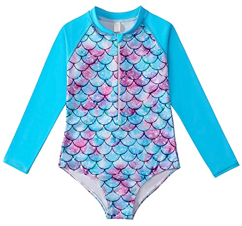 Happy Cherry Kinder Mädchen Meerjungfrau Badeanzüge Einteilige Sommer Swimsuit mit Reißverschluss Lange Ärmel Surfanzug Schnell Trocknende Bademode 120 von Happy Cherry