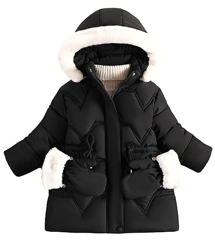 Happy Cherry Mädchen Winterjacke Lange Steppjacke Fleecefutter Verdickte Parka Mantel Winddicht Hersteller 100/DE Größe 92-98-A-Schwarz von Happy Cherry