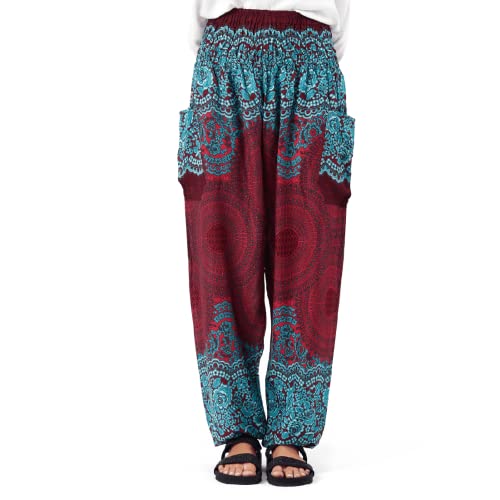 Happy Trunks Haremshose für Frauen/Damen Yogahose mit Taschen (S-XXL) Hippie Kleidung/Boho Kleidung für Frauen/Strandlounge, Rote Wabe, Groß von Happy Trunks