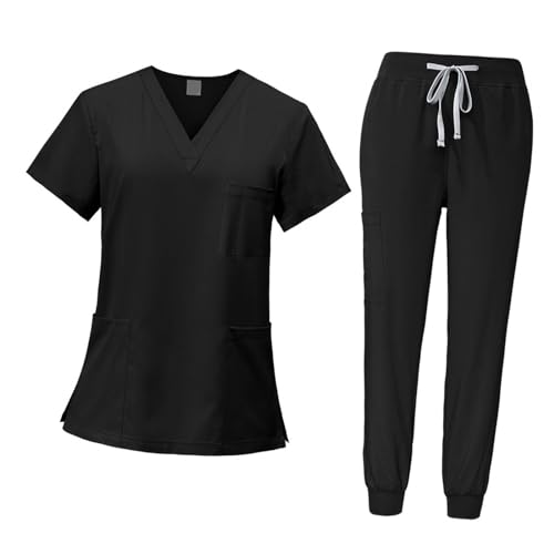 Harilla Peeling-Set für Frauen, Krankenschwester-Arbeitskleidung -Ausschnitt, professionelles maschinenwaschbares Oberteil und Jogginghose, Schwarz, XL von Harilla