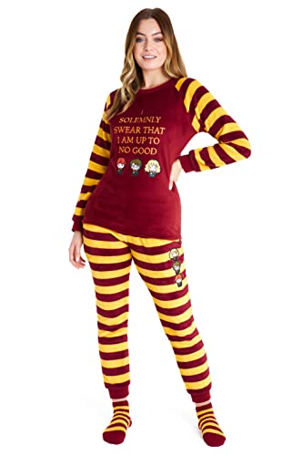 Harry Potter Schlafanzug Damen Lang mit Socken Fleece Pyjama Set Hausanzug Damen Kuschelig (Rot/Gelb, L) von Harry Potter