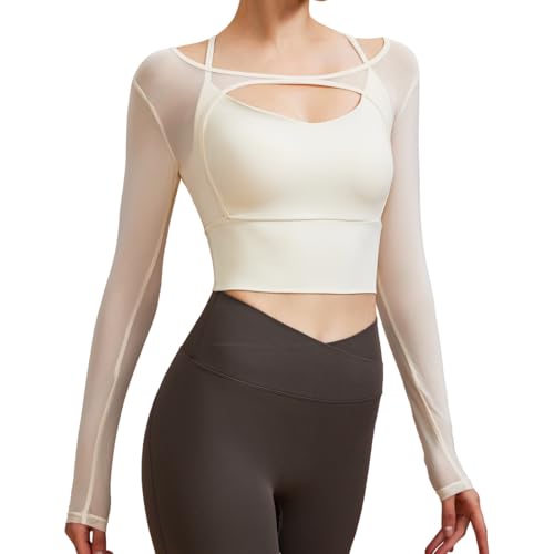 Harssidanzar Damen 2-in-1 Langarm Yoga Shirts, Netz-Gym-Sport-Oberteile, Trainings-Shirts mit Sport-BH CL304EU, Weiß, Größe L Harssidanzar Damen 2-in-1 Langarm Yoga Shirts, Netz-Gym-Sport-Oberteile, Trainings-Shirts mit Sport-BH CL304EU, Weiß, Größe L von Harssidanzar