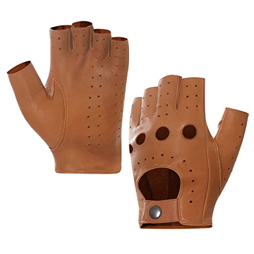 Harssidanzar GM032 Herren Fingerlose Halbfinger-Leder-Fahrhandschuhe, Lammfell, ungefüttert, Upgrade von Harssidanzar