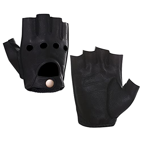 Harssidanzar Herren Halbfinger Lederhandschuhe für fahren Fingerlose Hirschleder ungefüttert Handschuhe GM005A,Schwarz,Größe XL von Harssidanzar