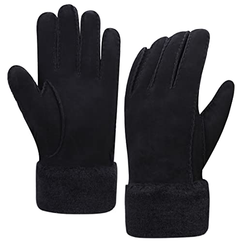 Harssidanzar Herren Lederhandschuhe,Winter Kaltwetter Schaffell Shearling beheizte warme pelzige Stulpen handschuhe KM041EU,Schwarz,Größe S von Harssidanzar