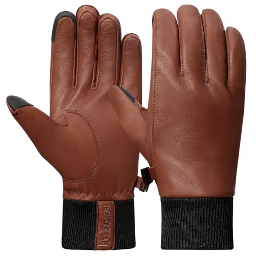 Harssidanzar Herren Lederhandschuhe mit Fleece gefüttert für kaltes Wetter, Winter Warm Goatskin Touchscreen Handschuhe HM002EU,Satte,Größe L von Harssidanzar