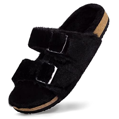 Harvest Land Hausschuhe Damen Plüsch Fell Latschen Warmfutter Pantoffeln Kunstpelz Open Toe Flat Pantolette Outdoor Indoor Slip auf Anti-Rutsch Schlappen für Frauen.Schwarz Gr. 38 von Harvest Land