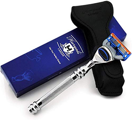 Premium Edelstahl 5-Kanten-Kassettenrasiermesser & Echtleder-Schutzhülle Herren Nassrasier Premium Edelstahl 5-Kanten-Kassettenrasiermesser & Echtleder-Schutzhülle Herren Nassrasier von Haryali London