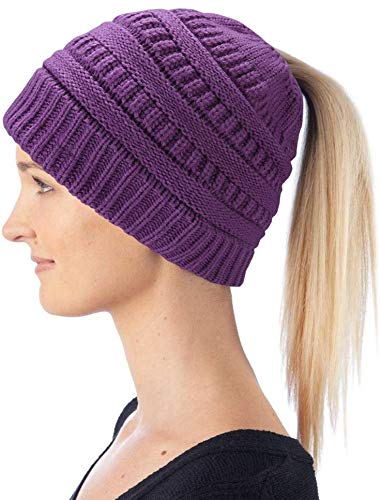 Hatstar Damen Beanie Mütze mit Zopfloch | Strickmütze für Pferdeschwanz | Ponytail Beanie gestrickte Mädchen Wintermütze | weich & warm (Flieder) von Hatstar