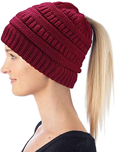 Hatstar Damen Beanie Mütze mit Zopfloch | Strickmütze für Pferdeschwanz | Ponytail Beanie gestrickte Mädchen Wintermütze | weich & warm (dunkelrot) von Hatstar