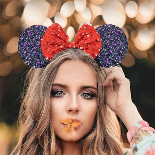 Hatstar Glitzer Maus Ohren Haarreif | Mouse Ears schwarz mit roter Schleife & Pailletten | Haarschmuck für Karneval & Fasching | Kostüm Accessoire für Damen & Kinder von Hatstar