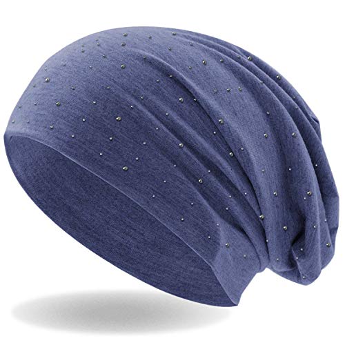 Hatstar Damen Beanie Mütze | mit edler Strass Nieten Applikation | Mädchen Mütze | elastisches Slouch Long Beanie | leicht und weich (blau meliert) von Hatstar