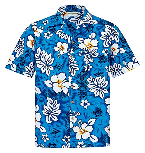 Hawaiihemdshop Hawaiihemd | Herren | Baumwolle | Größe S - 8XL | Brusttasche | blau | Kurzarm | Retro | Klassisch | Blumen | Blüten | Hibiskus | Hawaii-Shirt | Kokosnuss-Knöpfe von Hawaiihemdshop