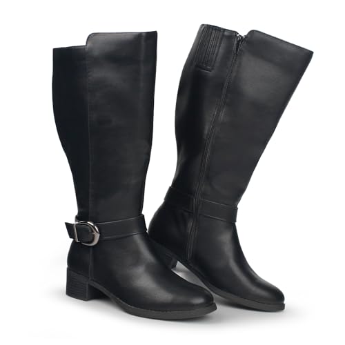 Hawkwell Kniehohe Damen-Stiefel mit extra breitem Waden-Ziehverschluss und seitlichem Reißverschluss,Schwarz Synthetik EU 36 von Hawkwell