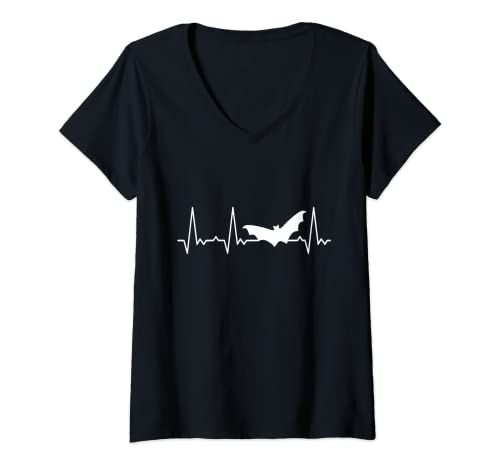 Damen Herzschlag Fledermaus T-Shirt mit V-Ausschnitt von Heartbeat Grafik Geschenke Damen Herren Kinder