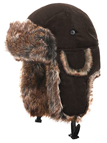 Heavyoff Unisex Fliegermütze Kunstfell Wintermütze mit Ohrenklappen Warme Cord Fellmütze Dunkelbraun L von Heavyoff