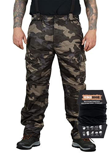 Herren Regenhose mit Hosenträgern Thermohose Schneehose Outdoor Hose inkl. MF Tuch, Camo, Größe L von Hedgemoor