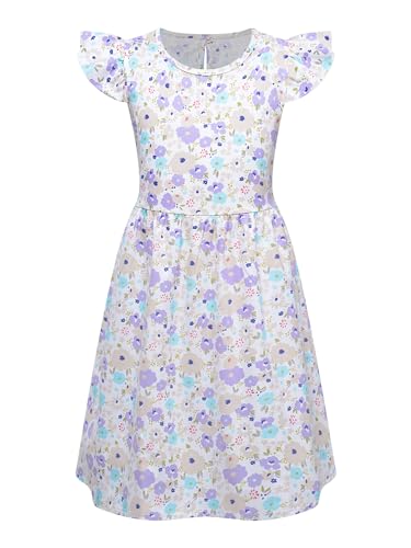 Hedmy Mädchen Ärmellosesl Kleid Rüschen Sommerkleid Blume Baumwolle Lässige Kinderkleidung Swing Kleid Party Kleider Lila Blume 134-140 von Hedmy