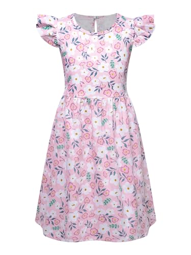 Hedmy Mädchen Ärmellosesl Kleid Rüschen Sommerkleid Blume Baumwolle Lässige Kinderkleidung Swing Kleid Party Kleider Pinke Blume 158-164 von Hedmy