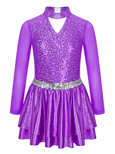 Hedmy Mädchen Ballettkleid Langarm Ballettanzug Glänzend Pailletten Tanzbody Mit Rock Tüll Splice Eiskunstlauf Kleid Gr.110-176 Violett 158-164 von Hedmy