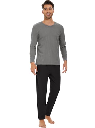 Heersan Zweiteiliger Schlafanzug Lang Set für Männer Schlafanzug Lang Baumwolle Herren Nightwear Set mit Crew-Neck Langarm Oberteil und Loungehose Pyjama Set Geschenke für Vater und Gefährte Pjs Set von Heersan