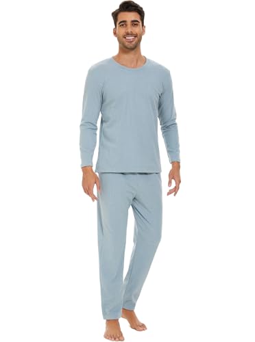 Heersan Zweiteiliger Schlafanzug Lang Set für Männer Schlafanzug Lang Baumwolle Herren Nightwear Set mit Crew-Neck Langarm Oberteil und Loungehose Pyjama Set Geschenke für Vater und Gefährte Pjs Set von Heersan