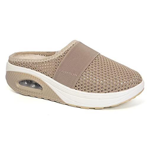 Heflashor Damen Clogs Hausschuhe Slip On Atmungsaktiv Mesh Pantoletten Sommer Leichte Slippers rutschfest Sandalen Freizeit Schuhe,Khaki,39 EU von Heflashor