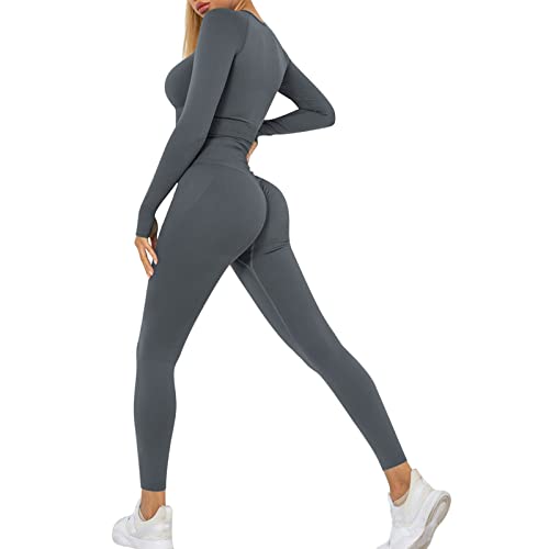 Heflashor Damen Sportanzug Trainingsanzug Jogginganzug 2 Teilig Bauchfrei Langarmshirt +Push up Leggings Sportbekleidung Set Yoga Outfit Freizeitanzug,Dunkelgrau,M von Heflashor