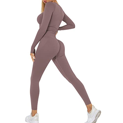 Heflashor Damen Sportanzug Trainingsanzug Jogginganzug 2 Teilig Bauchfrei Langarmshirt +Push up Leggings Sportbekleidung Set Yoga Outfit Freizeitanzug,Kaffee,M von Heflashor