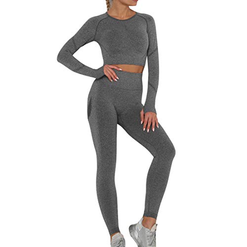 Heflashor Damen Sportanzug Trainingsanzug Jogginganzug 2 Teilig Bauchfrei Langarmshirt +Push up Leggings Sportbekleidung Set Yoga Outfit Freizeitanzug,Dunkelgrau-3,S von Heflashor