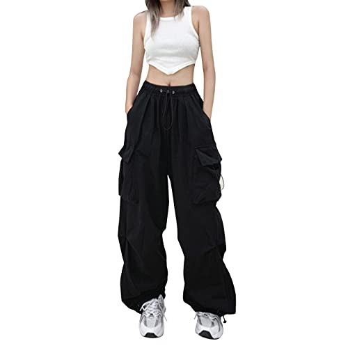 Heflashor Fallschirmhosen Teenager Damen Cargohose Baggy Hose Low Waist Y2K Track Pants Hippie Jogginghose Freizeithose Harajuku Streetwear(Schwarz，XS) von Heflashor