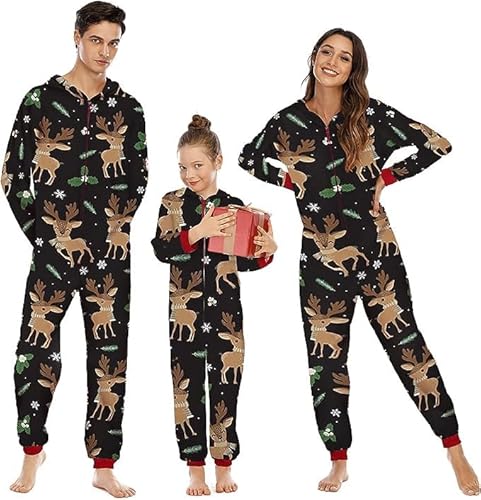 Heflashor Familien Weihnachten Schlafanzug lang Weihnachtspyjama Familie Outfit Einteiler Jumpsuit mit Elch Hut Mode Hausanzug Freizeitanzug,Damen,Schwarz Elch,XL von Heflashor