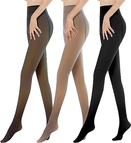 Heflashor Thermo Strumpfhosen Damen Winter Fleece Gefütterte Thermostrumpfhose Bauchweg Warm Leggings Gefälschte Durchscheinend Pantyhose,3PCS Schwarz+pures Schwarz+Kaffee,S/M von Heflashor