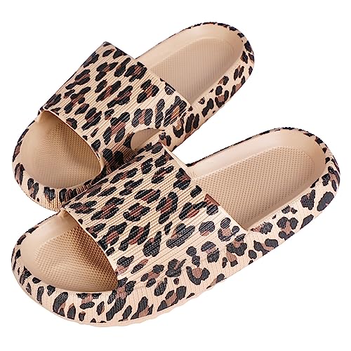 Heflashor Unisex Badeschuhe Cloudyzz Schlappen Wolke Hausschuhe rutschfeste Pantoletten Weich Eva Badelatschen für Damen Herren,Khaki Leopard,36/37 EU von Heflashor